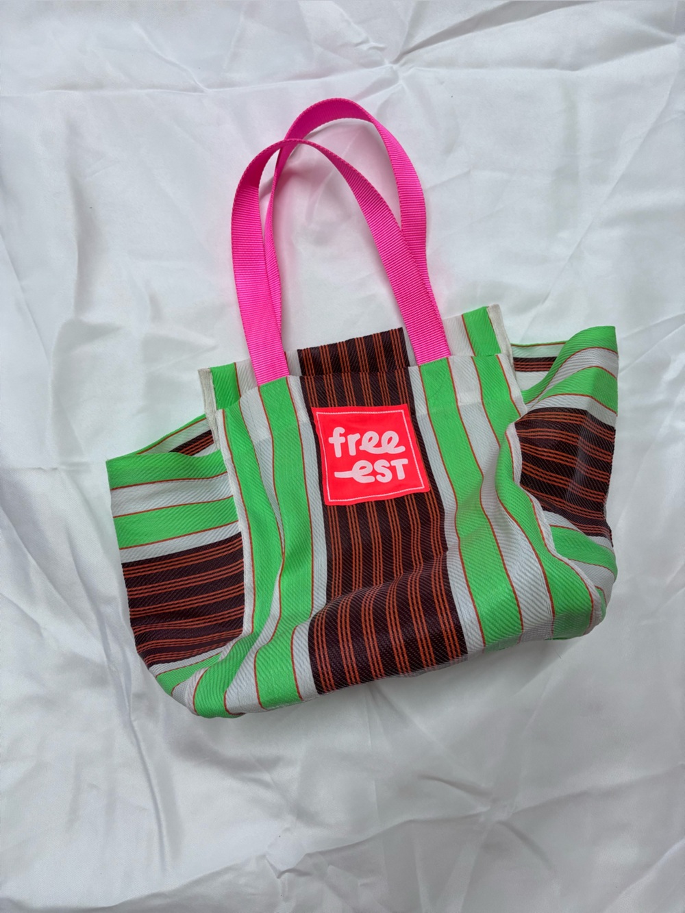 Free People Striped Green & Brown Tote with Pink Handles